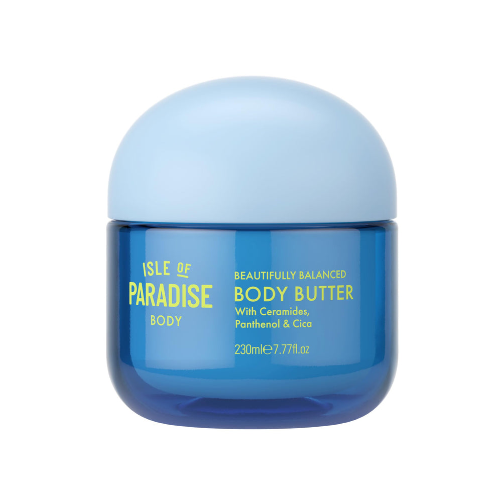Isle of Paradise Beautifully Balanced Body Butter packshot highlights rich hydration for soft, smooth skin.