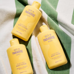 Isle of Paradise Brilliantly Bright Body Polish after-use glow demonstrates hydrated, even-toned skin.