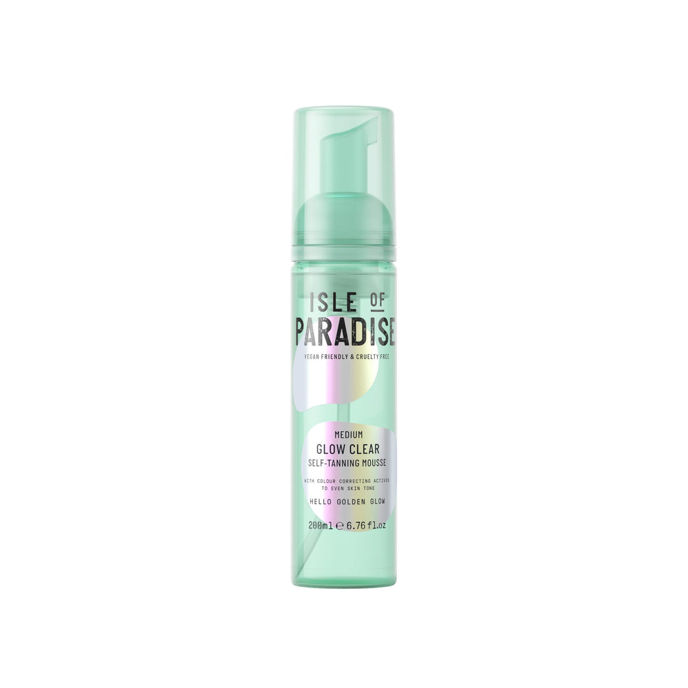 Isle of Paradise Glow Clear Mousse bottle showing transfer-free, natural-looking tan potential.