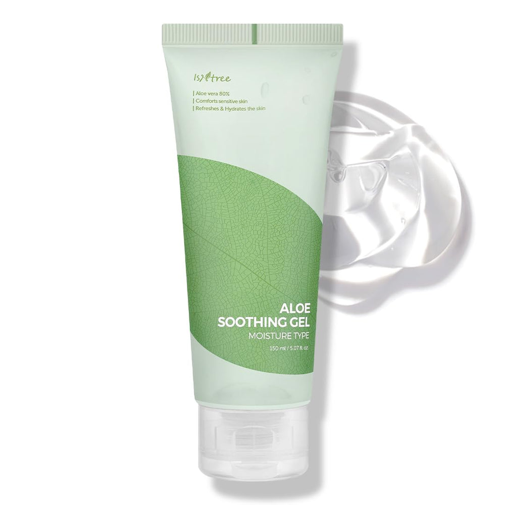 IsNtree Aloe Soothing Gel bottle close-up showing gentle hydration for sensitive skin.
