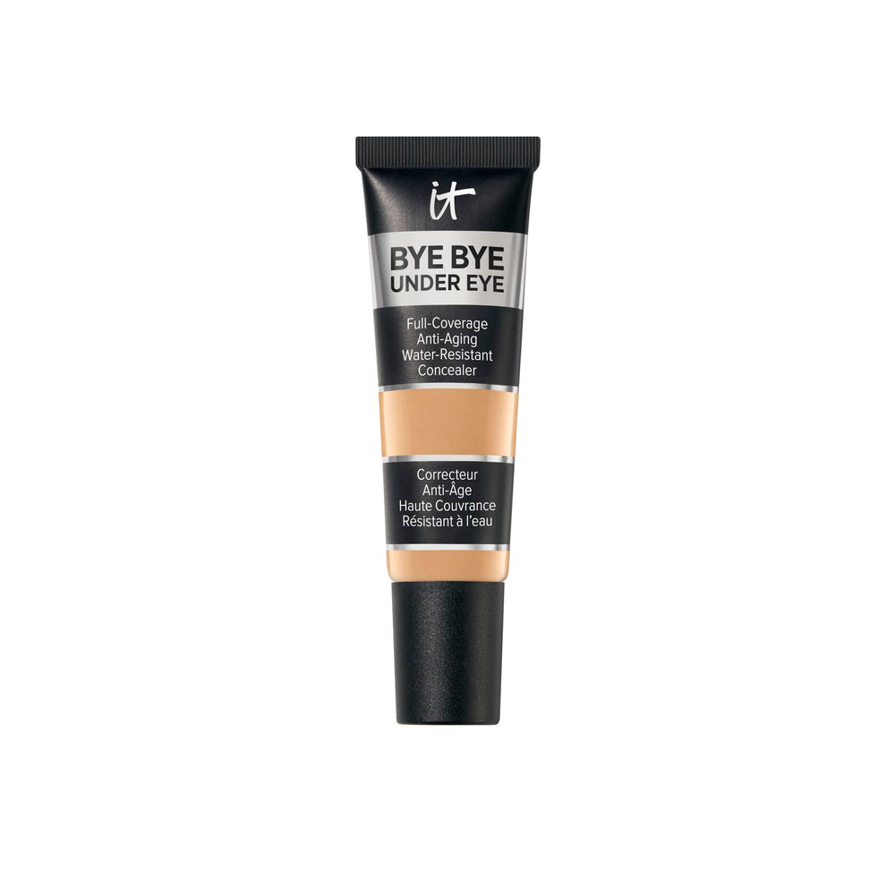IT Cosmetics Bye Bye Under Eye Concealer Medium Tan bottle demonstrates rich pigment for long wear.