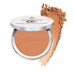 IT Cosmetics CC+ Airbrush Powder compact closeup shows silky finish and rich shade