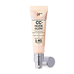 IT Cosmetics CC+ Nude Glow fair beige pump showcases buildable coverage for a natural glow