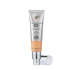 IT Cosmetics CC+ Cream application pump shows easy coverage with SPF 50 protection.