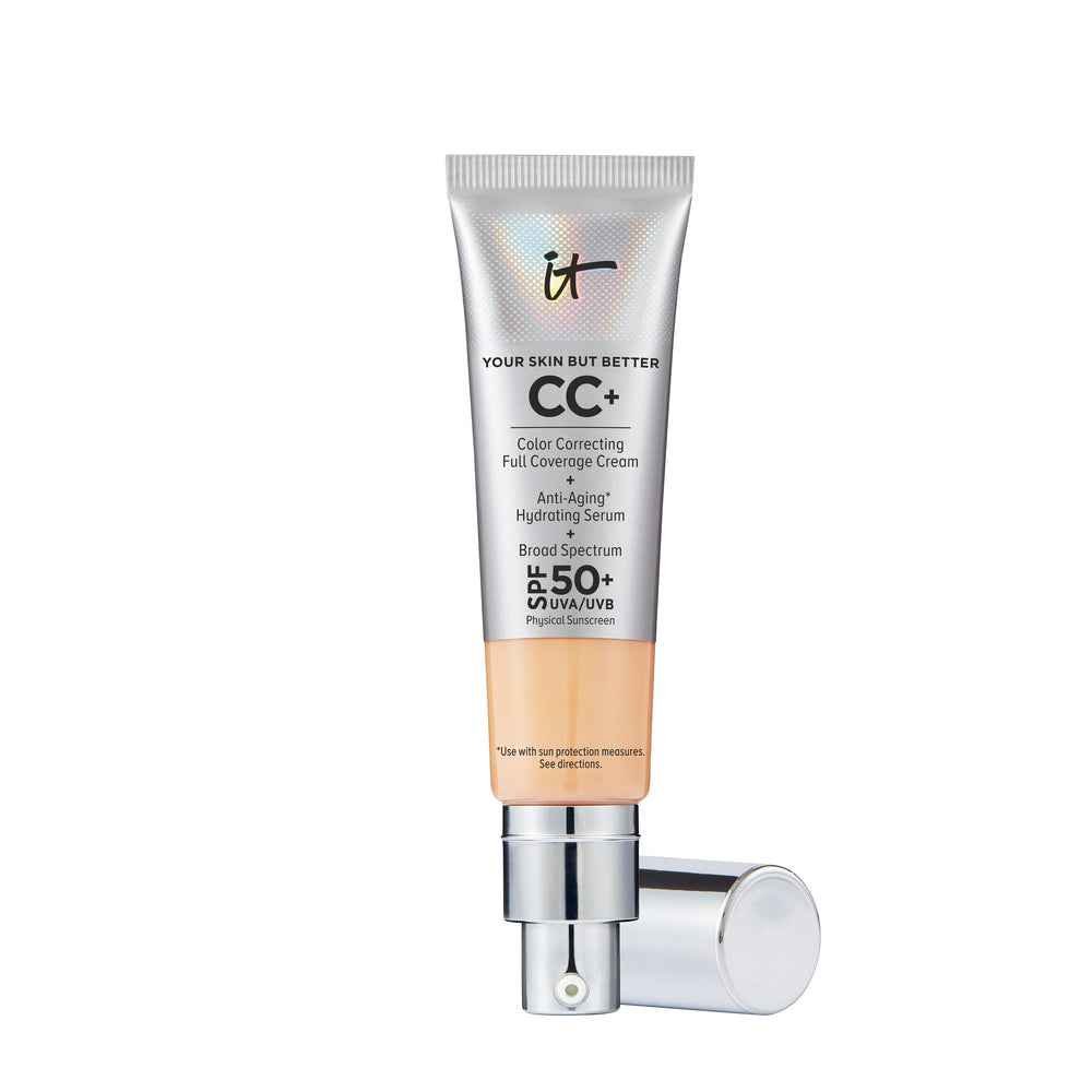 IT Cosmetics CC+ Cream Medium bottle-pump shows easy, buildable coverage for daily wear.