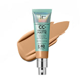 IT Cosmetics CC+ Cream Natural Matte Tan Warm bottle shows pore-blurring capability for oil control