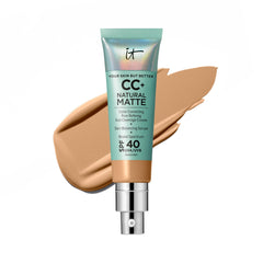 IT Cosmetics CC+ Cream Natural Matte Tan Warm bottle shows pore-blurring capability for oil control