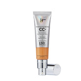 IT Cosmetics CC+ Cream Tan bottle with SPF 50+ protection on skin.
