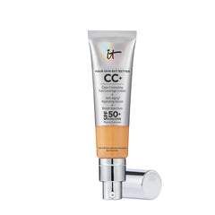 IT Cosmetics CC+ Cream Tan Warm bottle closeup showing natural coverage and SPF protection