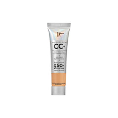 IT Cosmetics CC+ Cream Travel Tan Warm bottle shows full coverage and SPF 50+.