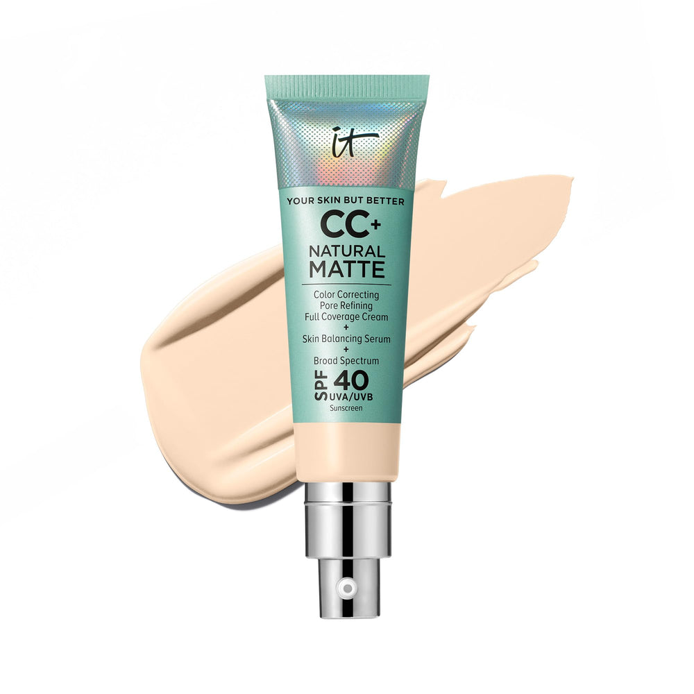 IT Cosmetics CC+ Cream Natural Matte Fair Warm bottle pump showing matte finish and oil control.