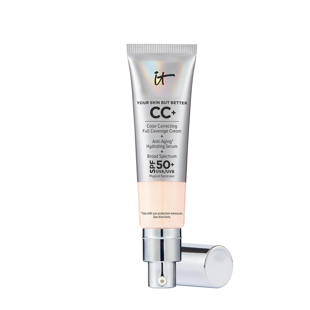 IT Cosmetics CC+ Cream bottle in Fair Beige with SPF 50+ protection for daily sun defense.