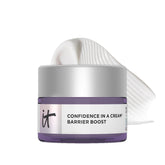 IT Cosmetics Confidence in a Cream Barrier Boost bottle closeup demonstrates long-lasting hydration