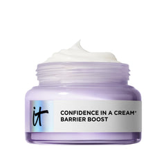 IT Cosmetics Confidence in a Cream Barrier Boost jar closeup for lasting hydration.