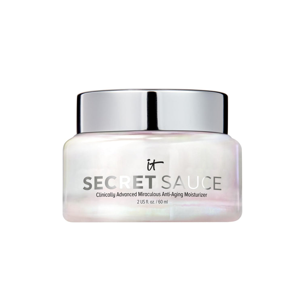 IT Cosmetics Secret Sauce moisturizer packaging highlights vegan formula for sensitive skin comfort.