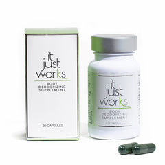 It Just Works bottle of whole-body deodorant capsules for all-day freshness.