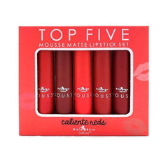 Italia Deluxe Top Five Mousse Matte Lipstick Set calient reds packaging shows bold reds for evening looks
