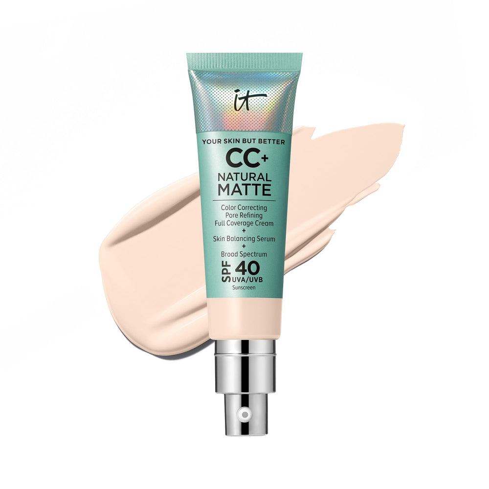 IT Cosmetics CC+ Cream Natural Matte Fair Porcelain pump reveals pore-blurring matte finish.