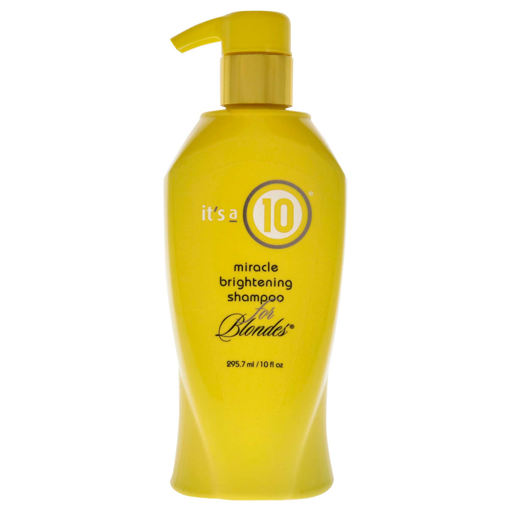 It's a 10 Haircare Miracle Brightening Shampoo for Blondes bottle boosts color-safe brightness and gentle cleansing.