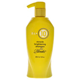 It's a 10 Haircare Miracle Brightening Shampoo for Blondes bottle boosts color-safe brightness and gentle cleansing.
