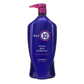 It's a 10 Haircare Miracle Daily Conditioner bottle closeup highlighting a hydrating formula for soft, controlled shine