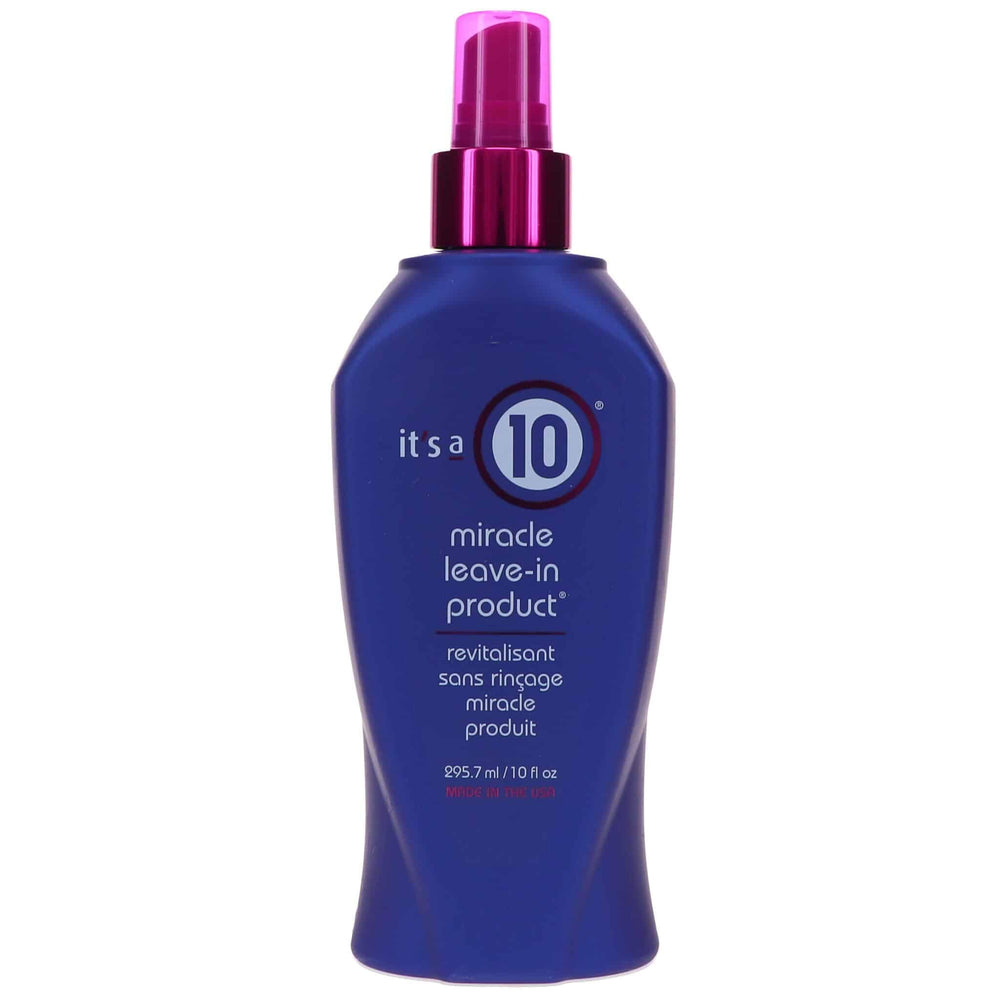 It's a 10 Haircare Miracle Leave-In bottle front delivering frizz control and hydration.