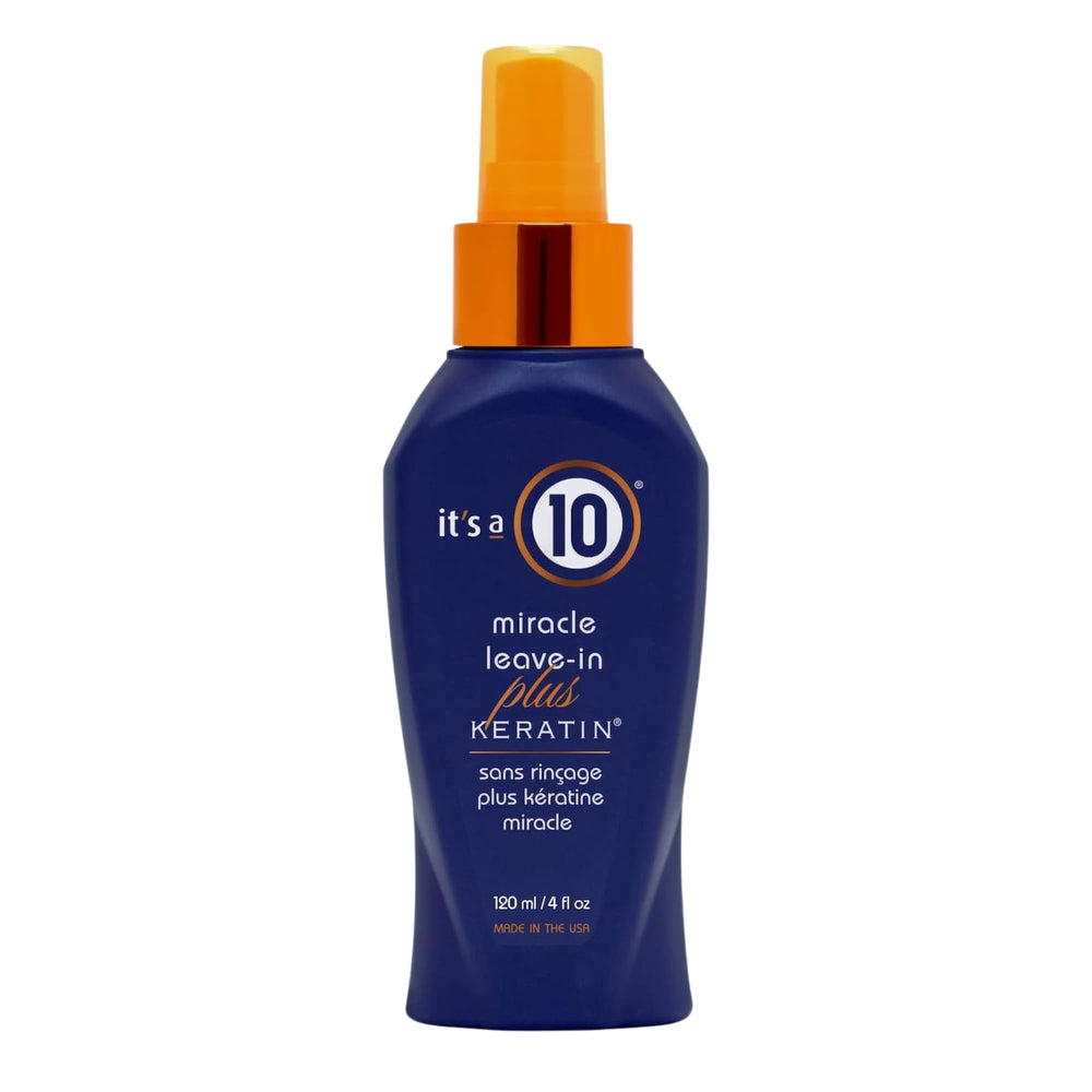 It's a 10 Haircare Miracle Leave-In Keratin Spray bottle front for smoother, frizz-free hair.