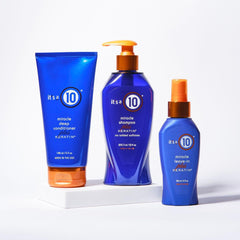 It's a 10 Miracle Leave-In Plus Keratin packaging ready for travel
