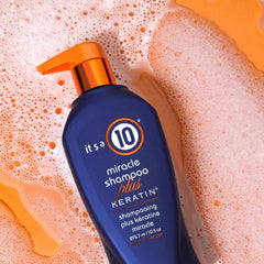 It's a 10 Miracle Shampoo Plus Keratin bottle pour reveals rich lather for cleansing