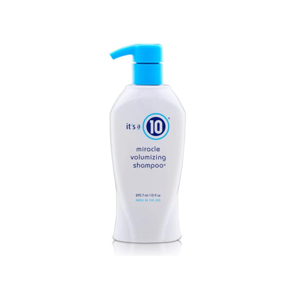 It's a 10 Haircare Miracle Volumizing Shampoo bottle closeup shows lifted roots for added volume
