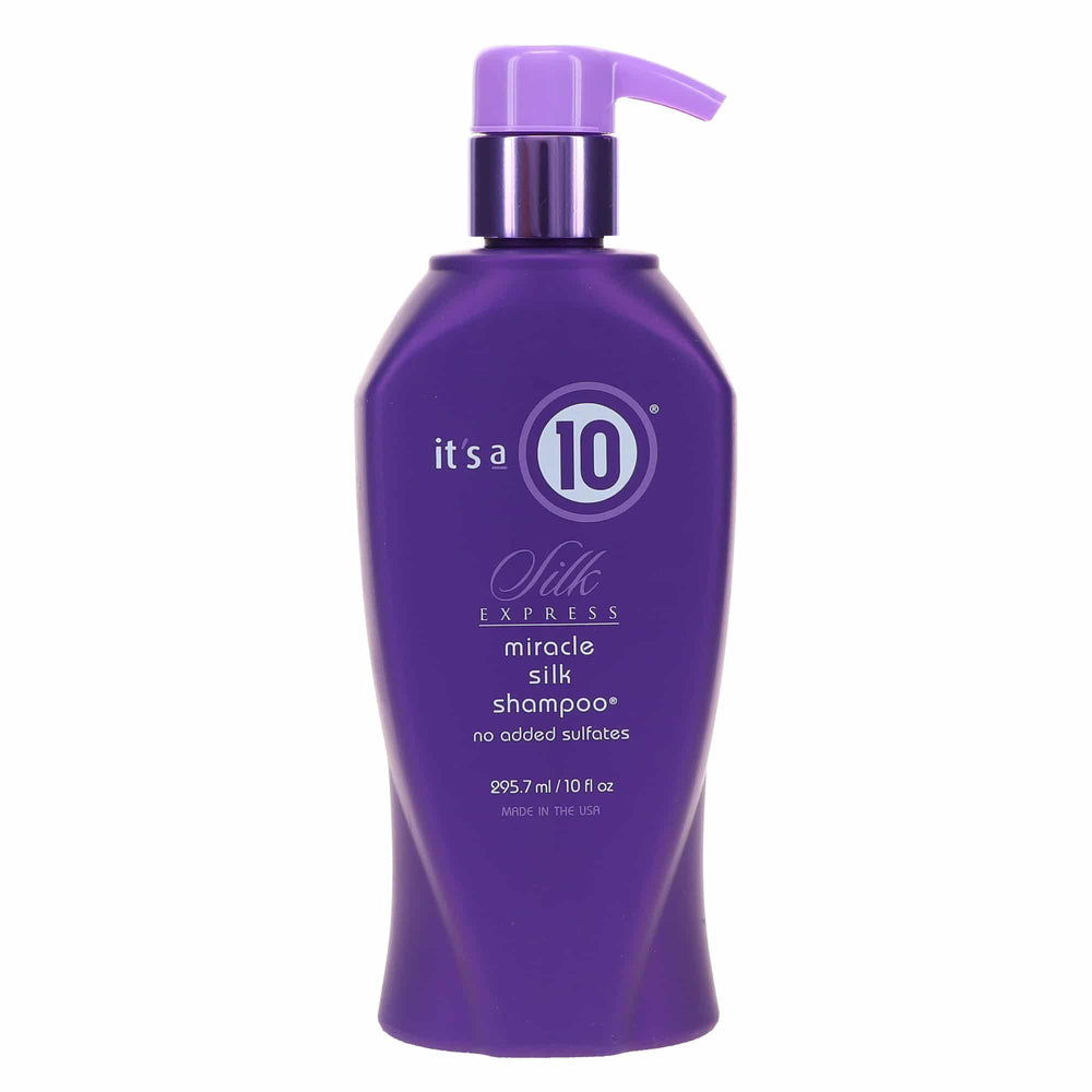 It's a 10 Haircare Silk Express Miracle Silk Shampoo bottle for silky shine and daily cleansing.