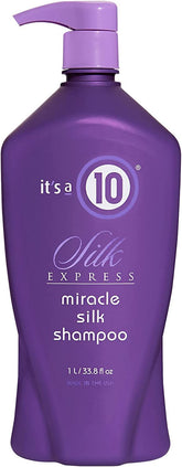 It's a 10 Haircare Silk Express Miracle Silk Shampoo bottle highlighting silky shine and color-fade protection
