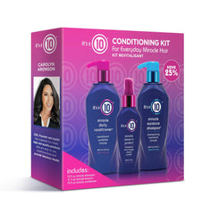 It's a 10 Miracle Conditioning Trio Kit packshot with shampoo, conditioner, and leave-in for frizz-free styling