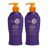 It's a 10 Miracle Shampoo Plus Keratin bottle shows nourishing daily cleanse for long-lasting manageability.