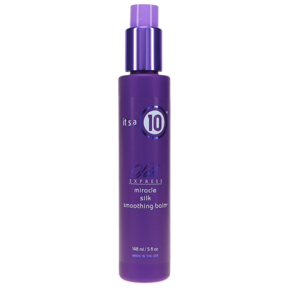 Its A 10 Silk Express smoothing balm bottle pour promotes silky, frizz-free styling.
