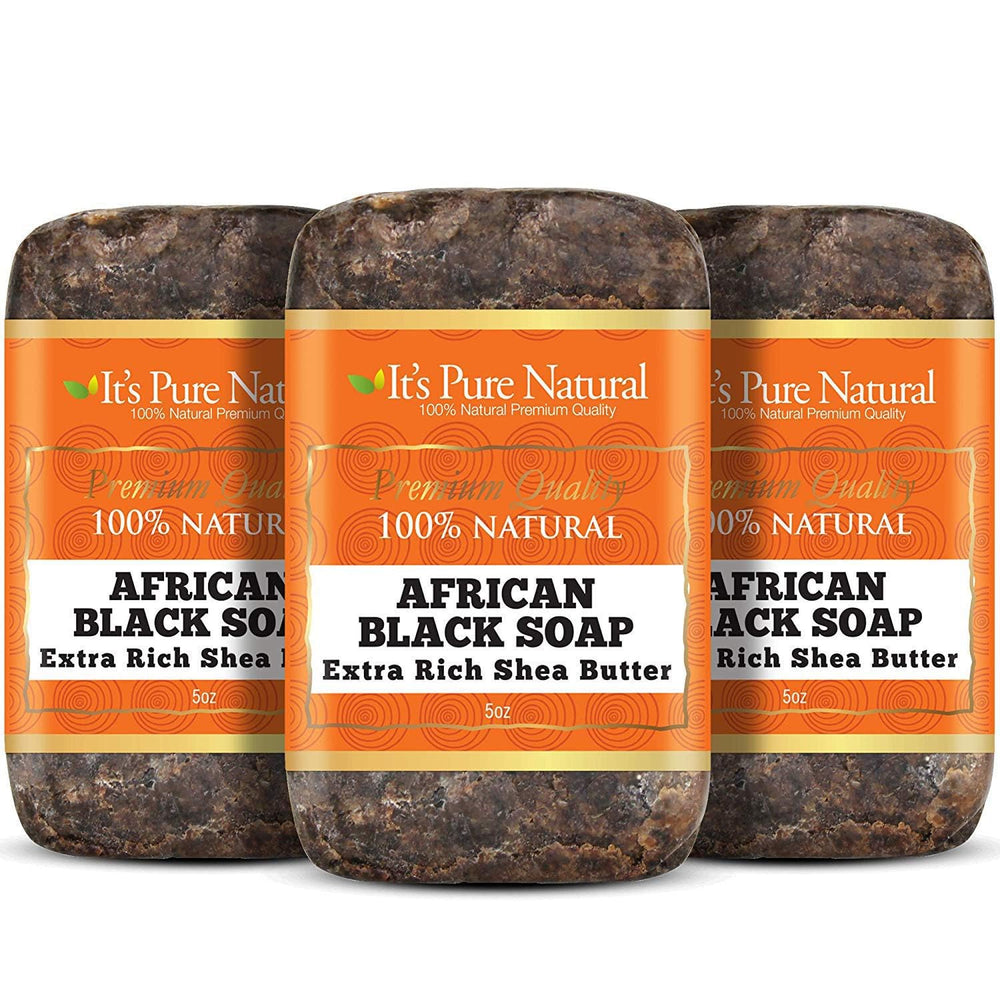 It's Pure Natural African Black Soap bar closeup highlighting cleansing texture for radiant skin.