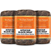 It's Pure Natural African Black Soap bar closeup highlighting cleansing texture for radiant skin.