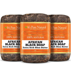 It's Pure Natural African Black Soap bar closeup highlighting cleansing texture for radiant skin.