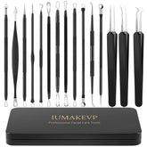 IUMAKEVP pimple popper tool kit front view showing 15-piece set for precise blemish removal