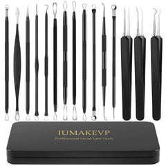IUMAKEVP pimple popper tool kit front view showing 15-piece set for precise blemish removal