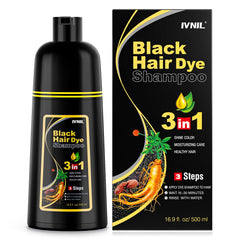 Ivnil black hair dye shampoo bottle for at-home color application and gray hair coverage.