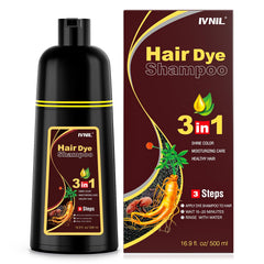 Ivnil dark brown hair dye shampoo bottle showing easy at-home color results