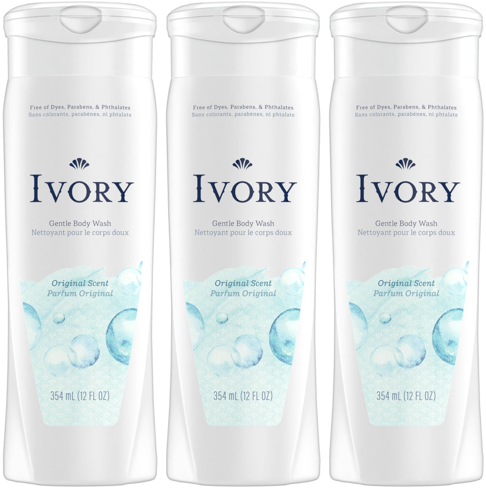 Ivory Body Wash Original pack3 bottle closeup highlighting dye-free formula and easy dispensing.