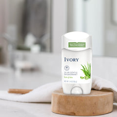 Ivory aluminum-free label on deodorant highlights baking soda-free formula for sensitive skin.
