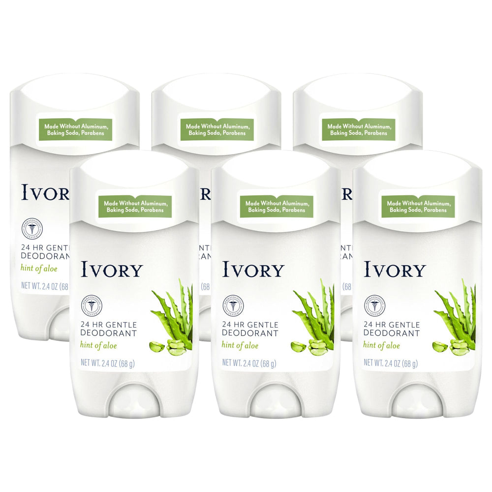 Ivory deodorant pack of six boxes with aloe for all-day freshness.