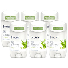 Ivory deodorant pack of six boxes with aloe for all-day freshness.