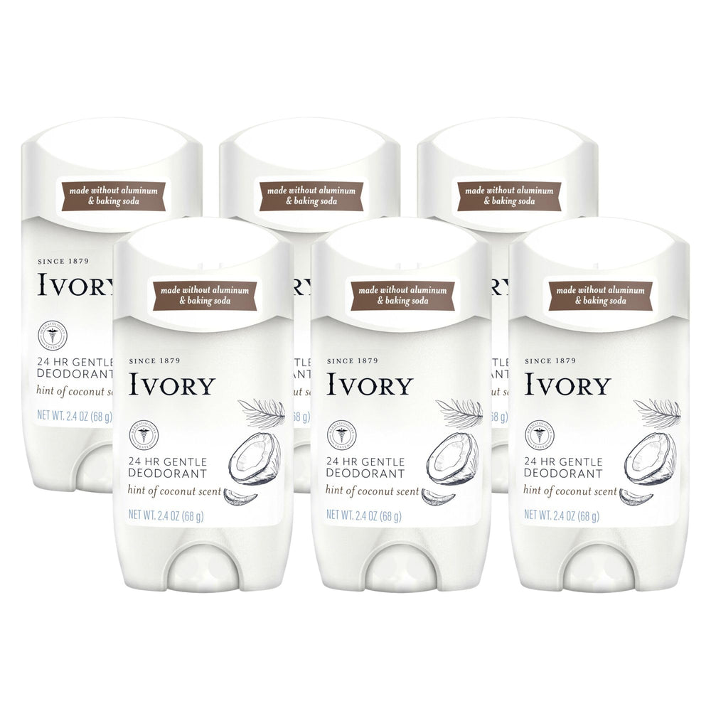 Ivory coconut-scent deodorant bottle shows aluminum-free gentle protection for daily wear.