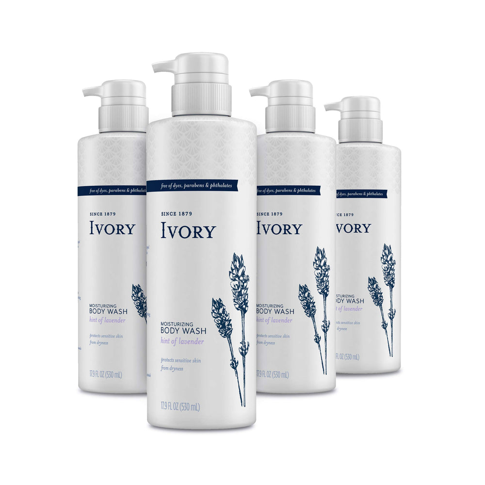Ivory sensitive-skin body wash bottle front showing gentle cleansing