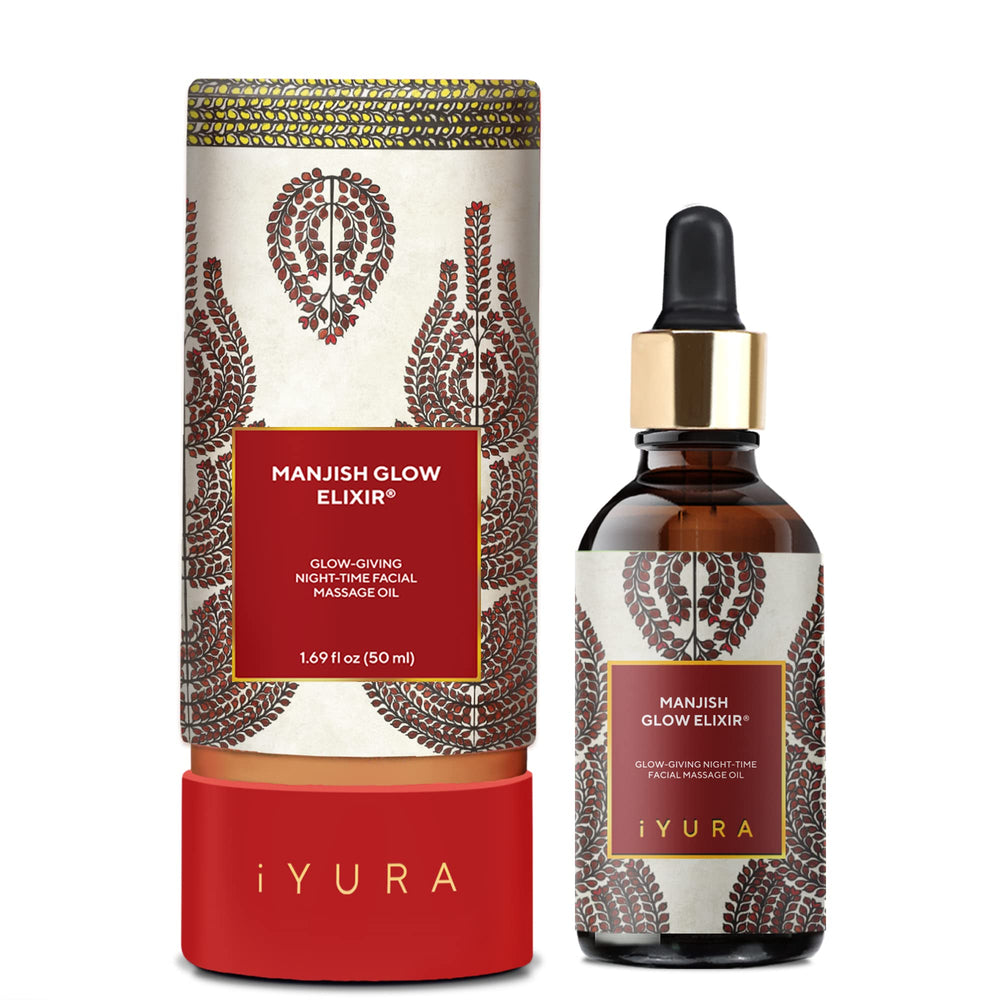 iYURA Manjish Glow Elixir bottle close-up for radiant nighttime glow.