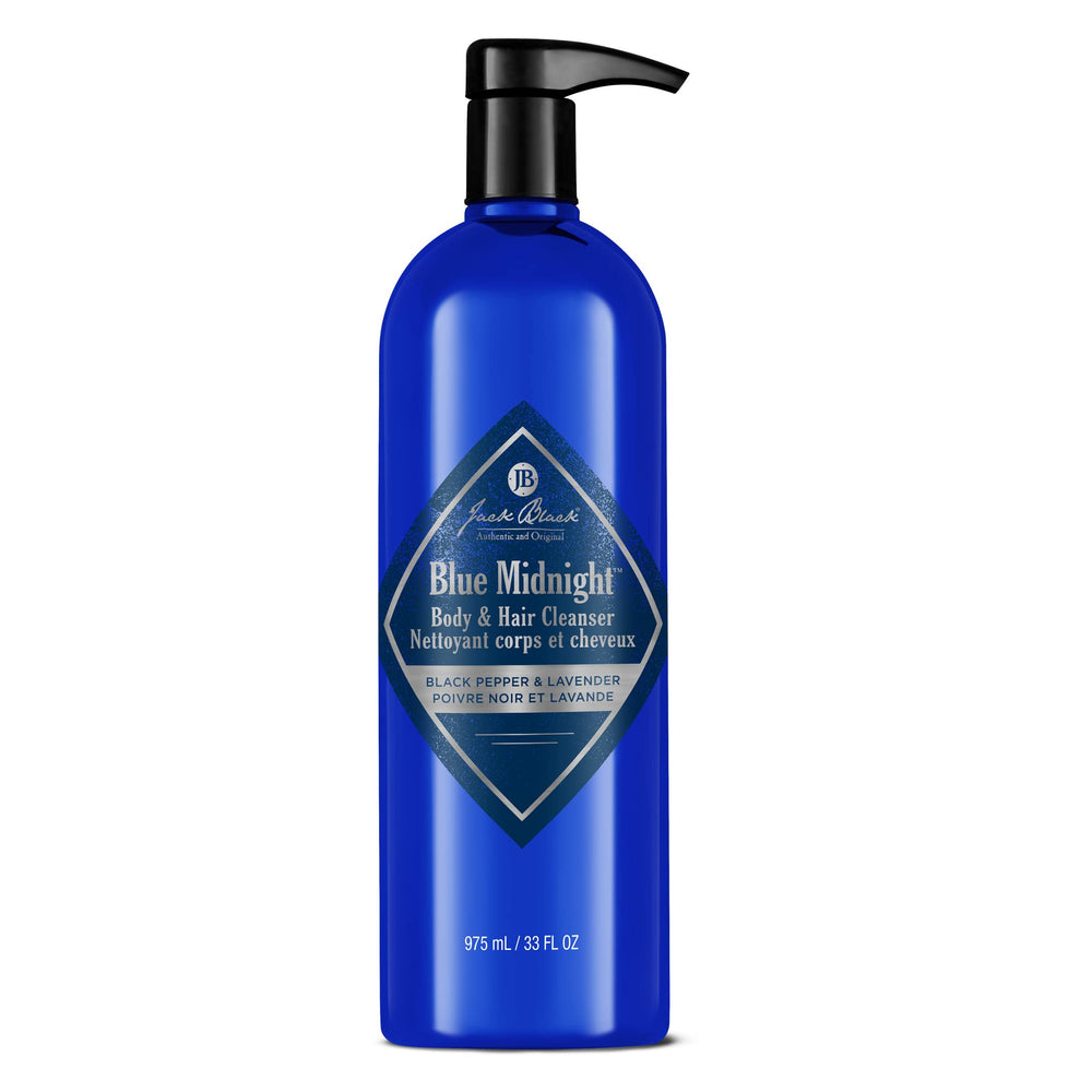 Jack Black Blue Midnight cleanser bottle with lavender notes for a refreshing daily body and hair wash.